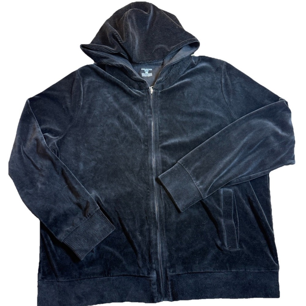 Jones NY‎ WMNS 1X Black Velvet Track Jacket Full Zip Corduroy Hoodie Athleisure